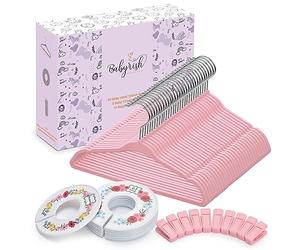Babyrish Lot de 30 cintres en Velours Ultra Fins et antidérapants avec 8 séparateurs de vêtements Mignons et 10 Clips de Suspension pour Organisateur de Placard de bébés garçons et Filles, Rose
