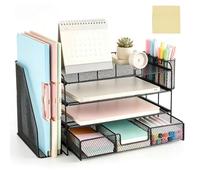 Bac à courrier à 4 niveaux pour bureau - Organiseur de bureau - Trieur de papier avec tiroir horizontal vertical et 2 porte-stylos - Organiseur de bureau en maille pour la maison, l'école, le bureau