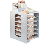 Bac à Courrier de Bureau, 7 Niveaux Organisateur de Bureau, Bereau en PVC Stocakge de Fichier A4 Documents, Bac à Courrier Blanc avec Porte-Stylo Rangement en Bois Support, Blanc Organisateur