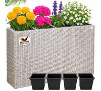 Bac à fleurs en polyrotin Crème 4 Compartiments Jardinière 95x27x60 cm intérieur extérieur jardin