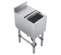 Bac à glaçons commercial, capacité maximale de 28 litres, dimensions 305 x 482 x 850 mm. Glacière en acier inoxydable avec couvercle coulissant et supports pour bouteilles. Chariot réfrigérant, idéal