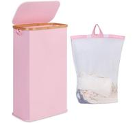 Bac à lessive en bambou rose de 75 litres avec sac intérieur amovible