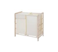 Collecteur de linge HWC-B60, Laundry Box Panier à linge, bois massif 2 compartiments 60x60x33cm 68l ~ marron clair, housse crème