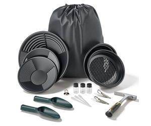 Bac à or VEVOR 10 et 14 pouces, bacs à or en PP, ensemble de 19 pièces. Portable, avec tamis de tri, aimant à sable, pioche, pelles, sac à dos et accessoires, kit de bacs à or, noir