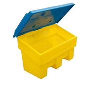Bac à sel PEHD 180 L - Jaune/bleu - UV & intempéries - Couvercle protégé - Manutention facile.