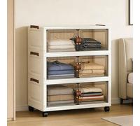 Bac de rangement pliable 114 L avec roulettes, empilable, bac en plastique avec couvercle et porte, organiseur à 3 niveaux, blanc, 78 × 40 × 119 cm