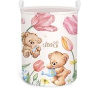 Bac de rangement rose à motif fleurs et ours en peluche avec couvercle - boîte de rangement ronde pour chambre de bébé - 36 x 45 cm