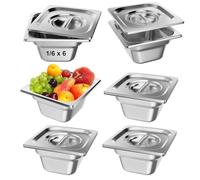 Bac Inox Alimentaire Bac Gastro Lot de 6 Plat Inox avec Couvercle GN 1/6 | Bac GN Gastronorm Lot de 6 récipients en acier inoxydable de 100 mm de profondeur - Pour bain Marie - 1 mm d'épaisseur