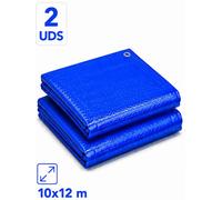 Bâche de protection en polyéthylène - Paquet de 2 pièces, dimensions 10 x 2 mètres - 90 g/m² - Étanches - Renforcées avec des œillets métalliques - Couleur : bleu