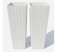 Bacs à fleurs aspect rotin - Lot de 2 grands bacs rectangulaires - 81 cm de hauteur - Plastique, inserts amovibles, trous de drainage - Blanc