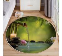 BACSEAZH 120 cm Tapis Rond Salon Bougie À Eau Courante en Tube Bambou - Lavable en Machine | Tapis de Sol Décoration Antidérapant pour Balcon Terrasse Salle à Manger, Zen Oriental