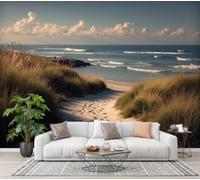 BACSEAZH Papier Peint Panoramique Dune Sable Herbe Vagues Mer | Papier Peint Paysages Côtiers Naturels, Fresque Murale 300x210cm, Jaune Paille Mural En Soie Pour Salon Canapé TV Fond Décoration