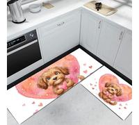 BACSEAZH Tapis de Cuisine 2 pièces Aquarelle Mignon Animaux Absorbante, Brun Tapis de Sol Chiot en Forme De Cœur Antidérapante Pliable, pour Cuisine Salle à Manger Buanderie Couloir 43x75cm+43x150cm