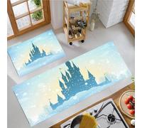 BACSEAZH Tapis de Cuisine 2 pièces Dessins Animés Contes De Fées Absorbante, Bleu Clair Tapis de Sol Château Flocons De Neige Antidérapante Pliable, pour Cuisine Buanderie Couloir 50x80cm+50x150cm