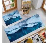 BACSEAZH Tapis de Cuisine Paysage Marin Dynamique Antidérapant et Anti-Fatigue, Bleu Tapis de Sol Vagues Écume 2 Pièces Absorbante, pour Cuisine Salle à Manger Salon Salle de Bain 50x80cm+50x150cm
