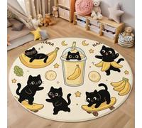 BACSEAZH Tapis Rond 90cm Lavable en Machine - Dessin Animé Amusant Doux Confortable Antidérapant Chat Noir Banane Imprimé Jaune Tapis, pour Chambrel Mangerded Nurserie Decoration