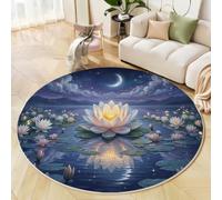 BACSEAZH Tapis Rond Fantastique Surréaliste Ø 90cm, Doux Poils Courts Lotus sur l'eau Tapis de Sol Lavable et antidérapant, pour Salon Chambre Salle à Manger Couloir Bureau, Bleu Foncé