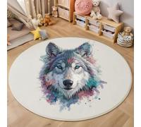 BACSEAZH Tapis Rond Imprimé Loup Éclaboussant d'encre, Aquarelle Animaux Sauvages Antidérapant Décoration Gris Tapis de Sol, pour Chambre d'enfant Salle de Jeux Salon Chambre Cuisine Balcon 90cm