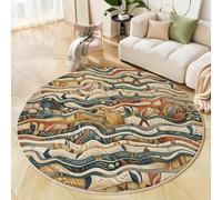 BACSEAZH Tapis Rond Style d'art Abstrait Ø 90cm, Doux Poils Courts Feuilles Ondulées Pierres Tapis de Sol Lavable et antidérapant, pour Salon Chambre Salle à Manger Couloir Bureau, Brun