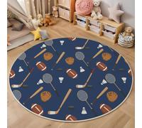 BACSEAZH Tapis Rond Thème Sportif Ø 90cm, Doux Poils Courts Ballon De Rugby Gant Batte Tapis de Sol Lavable et antidérapant, pour Salon Chambre Salle à Manger Couloir Bureau, Bleu Foncé