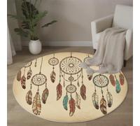 BACSEAZH Tapis Salon Rond Brun, Anti-Glissant Style Rétro Ethnique Carpette pour intérieur, Salon Anti Slip Attrape-Rêves Plumes Tapis de Sol pour Chambre Cuisine Couloir Entrée 120cm