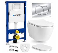 Badland Ensemble WC - Geberit Duofix Basic UP100 + WC mural Desna + plaque de commande Delta01 en blanc/chrome/noir + abattant WC fin avec fermeture amortie + tapis d'insonorisation (chromé)