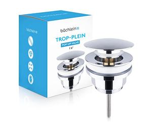 Bächlein Bonde Universelle Gain de Place pour Lavabo et Évier avec ou sans Trop-Plein - Valve Pop-up Chromée - 3 Joints pour Lavabos de Tous Genres Inclus, Valve d’Écoulement Bonde