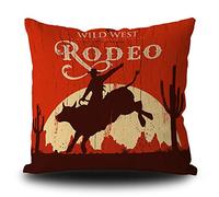 BAGEYOU Housse de coussin vintage western cowboy sauvage moderne western rodeo équitation taureau en bois - Taie d'oreiller carrée en lin - 45,7 x 45,7 cm - Imprimé double face