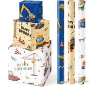 Bagger Set de papier cadeau pour anniversaire d'enfant - 3 rouleaux 43,2 x 304,8 cm Garçons Papier cadeau de chantier Tracteur Camion Construction Theme
