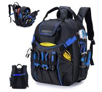 BAGZY 40x30x20cm Sac à Dos Outils 1680D Sacs Porte-outils Pour Homme 52 poches Sacoche Electricien Entièrement Ouvert Backpack avec USB Sacoche Base Rigide Sac Outillage Charpentier Randonnée Bleu