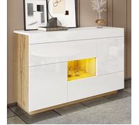 Bahut 2 portes 2 tiroirs, Buffet moderne, Buffet salon, Vitrine avec éclairage LED, Blanc finition brillante, Etagère de rangement