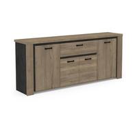 Bahut Bas avec Nombreux Rangement en Bois - Style Industriel - Coloris Chêne Halifax & Noir Mat avec Finitions Métal Noir - 219 x 91 x 45 cm