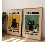 Baibexing Affiche Humoristique Avec Un Chat Noir Et Du Café, « Bonjour Mon Amour », Décoration Moderne Pour Salon, Cuisine, Café, Bar Ou Maison. 50X70Cmx2Pcs Sans Cadre