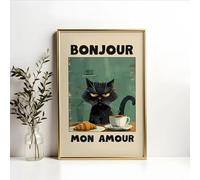 Baibexing Affiche Imprimée Le Chat Noir Vert, Bonjour Mon Amour, Chat Noir, Petit Déjeuner, Peinture Sur Toile Moderne, Décoration Murale Pour La Maison, 1 Pièce 50X70Cm Sans Cadre