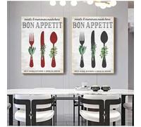 Baibexing Affiche Murale Bon Appétit, Ustensiles, Argenterie, Couteau, Fourchette, Cuillère, Plante Verte, Impression Sur Toile, Décoration De Cuisine, Salle À Manger 60X80Cmx2Pcs Sans Cadre