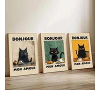 Baibexing Affiche Rétro « Bonjour Mon Amour » Avec Chat Noir Et Petit-Déjeuner 30X40Cmx3Pcs Sans Cadre