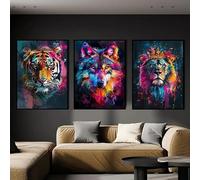 Baibexing Peinture Sur Toile Représentant Un Tigre, Un Loup, Un Lion, Un Graffiti, Un Animal Coloré, Une Affiche Murale, Des Images Hd Pour La Décoration Du Salon. 30X40Cmx3Pcs Sans Cadre