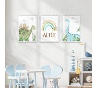 Baibexing Tableau Sur Toile Personnalisé Avec Nom, Dinosaure Arc-En-Ciel Et Plante Verte, Affiche, Décoration Murale Pour Chambre Ou Maison 60X90Cm Sans Cadre