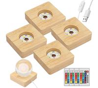 BAIFULAI Lot de 4 socles LED carrés en bois avec interrupteur USB et télécommande, 7 couleurs, base d'affichage pour bloc de verre, cristaux, verre, résine, art (8 x 2 cm)