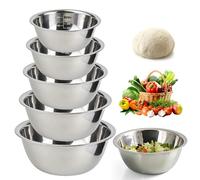 BAIFULAI Lot de 5 saladiers empilables en acier inoxydable avec graduation et fond plat, bol mélangeur en acier inoxydable poli miroir pour cuisine, pâtisserie, service, 14/16/20/22/24 cm (argenté)