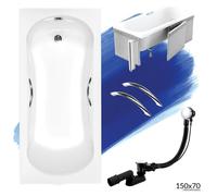 Baignoire rectangulaire 150x70 avec revêtement en polystyrène, poignées, vidage & pieds S | Set complet 5in1 baignoire acrylique | BADLAND ARIA PLUS