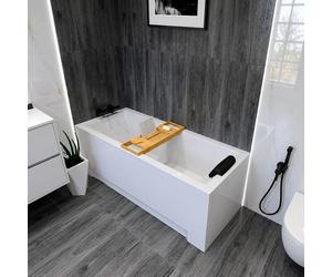 Baignoire Acrylique 4en1 Rectangulaire 170x70 Blanc + Tablette Bambou, Siphon Chrome Premium et Pieds (cadre) inclus | BADLAND MODERN