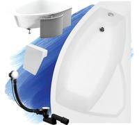 Baignoire Acrylique 5en1 Asymétrique 140x90 Droit Blanc + Cabine Styrofoam + Appui-tête Blanc, Siphon Premium Moderne et Cadre | BADLAND RIMA