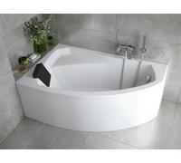 Baignoire Acrylique 5en1 Asymétrique 150x95 Gauche Blanc + Cabine Acrylique + Appui-tête Noir, Siphon Premium Moderne et Cadre | BADLAND RIMA