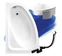 Baignoire d'angle 150x100 gauche avec revêtement en polystyrène, écoulement & pieds S | Set complet 4in1 baignoire originale acrylique siphon | BADLAND CORNEA