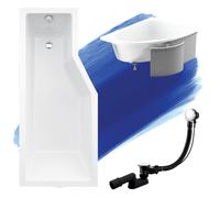 Baignoire d'angle 150x75 gauche avec revêtement en polystyrène, écoulement & pieds S | Set complet 4en1 baignoire originale acrylique siphon | BADLAND INTEGRA