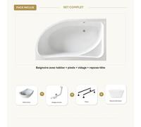Baignoire blanche asymétrique droite 170x100cm - Tablier blanc - Repose-tête - CALMA