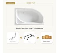 Baignoire blanche asymétrique gauche 130x90cm Avec Vidage chrome - Pieds - Plateau en bambou - CALMA