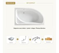 Baignoire blanche asymétrique gauche 130x90cm Avec Vidage chrome - Pieds - Tablier blanc - Plateau en bambou - CALMA
