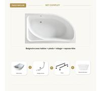 Baignoire blanche asymétrique gauche 150x100cm - Tablier blanc - Repose-tête - CALMA